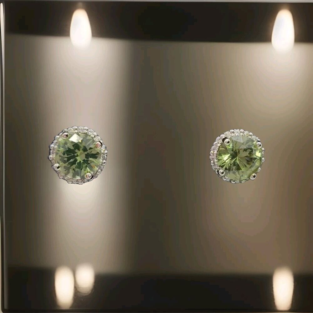 Sterling Silver 925 Beautiful Green Stone Halo Stud Earrings with CZ Accents